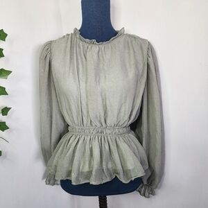 Blu Pepper Shimmer Sage Green Peplum Top Balloon Sleeves
